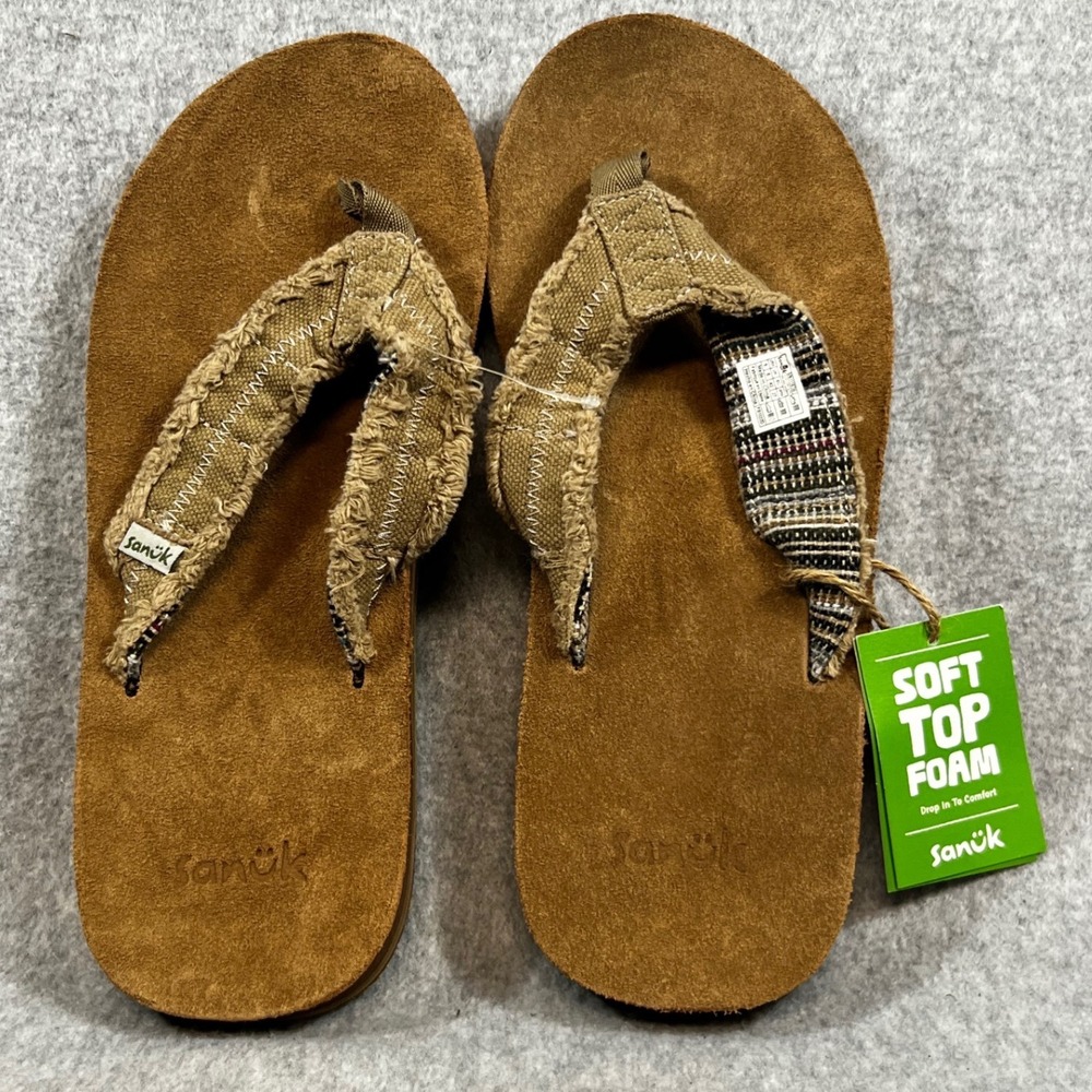 Sanuk Mens 9 Fraid Not ST Natural Tan Frayed Canvas Soft Top Foam Flip Flops NEW